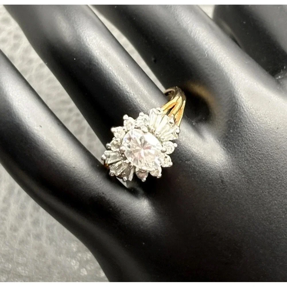 Vintage Yellow Gold Plated Oval CZ Halo Cocktail Ring Round Baguette Accents